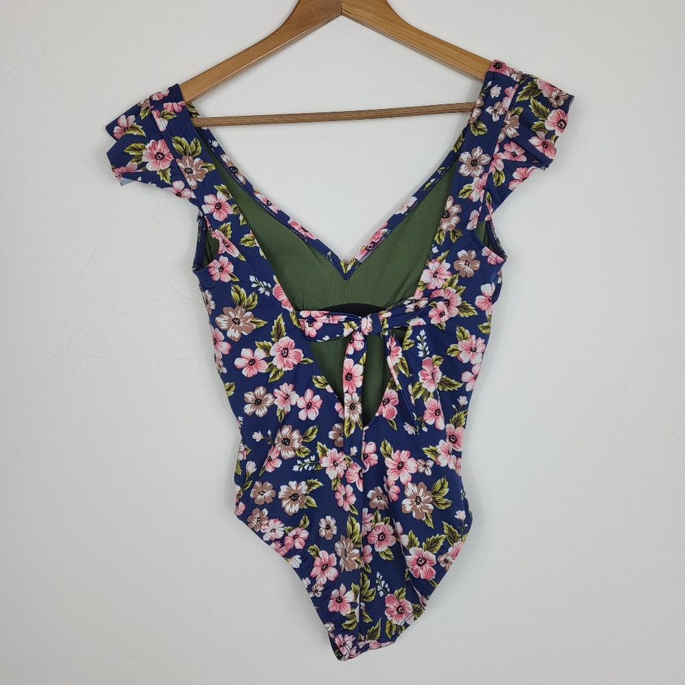 Beach Betty Blue Floral Ruffle Strap One Piece Swimsuit Small - Picture 6 of 6
